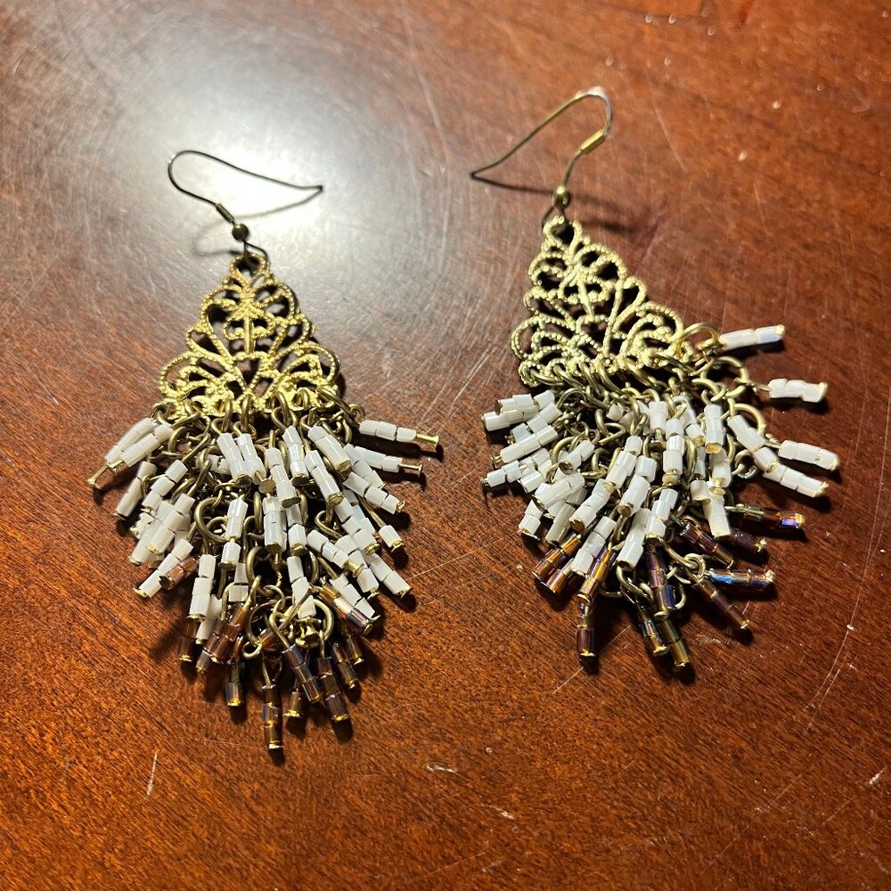 Gold Tone Filigree Chandelier Earrings with White and Brown Beaded Fringe